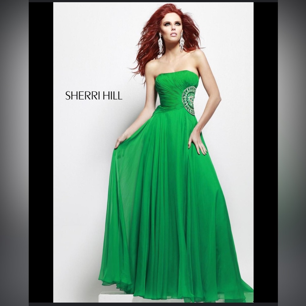 Sherri Hill EmeraldGreen Strapless PleatedTop Rhinestone/Jeweled Chiffon Dress 4 - Picture 2 of 16